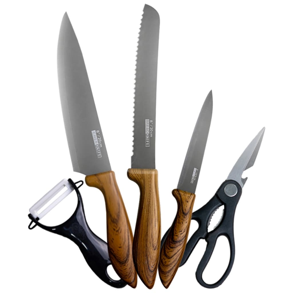 Kit Facas Cozinha Inox 5 Peças Faca Chef Pão Legumes Tesoura Descascador Cabo Ergonômico