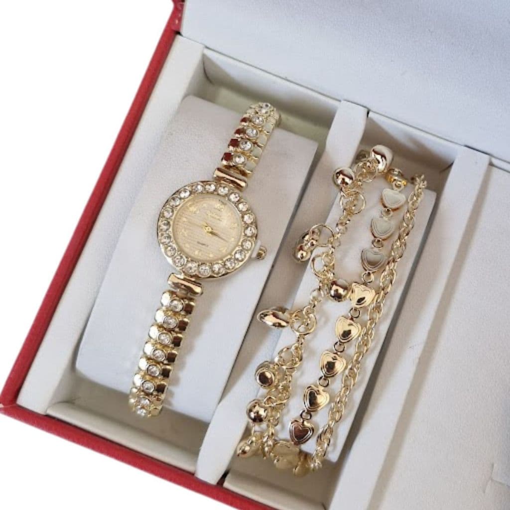 Kit Relógio Feminino Luxo com Strass Fino + Pulseira Feminina  | Presente Elegante e Sofisticado para mulher