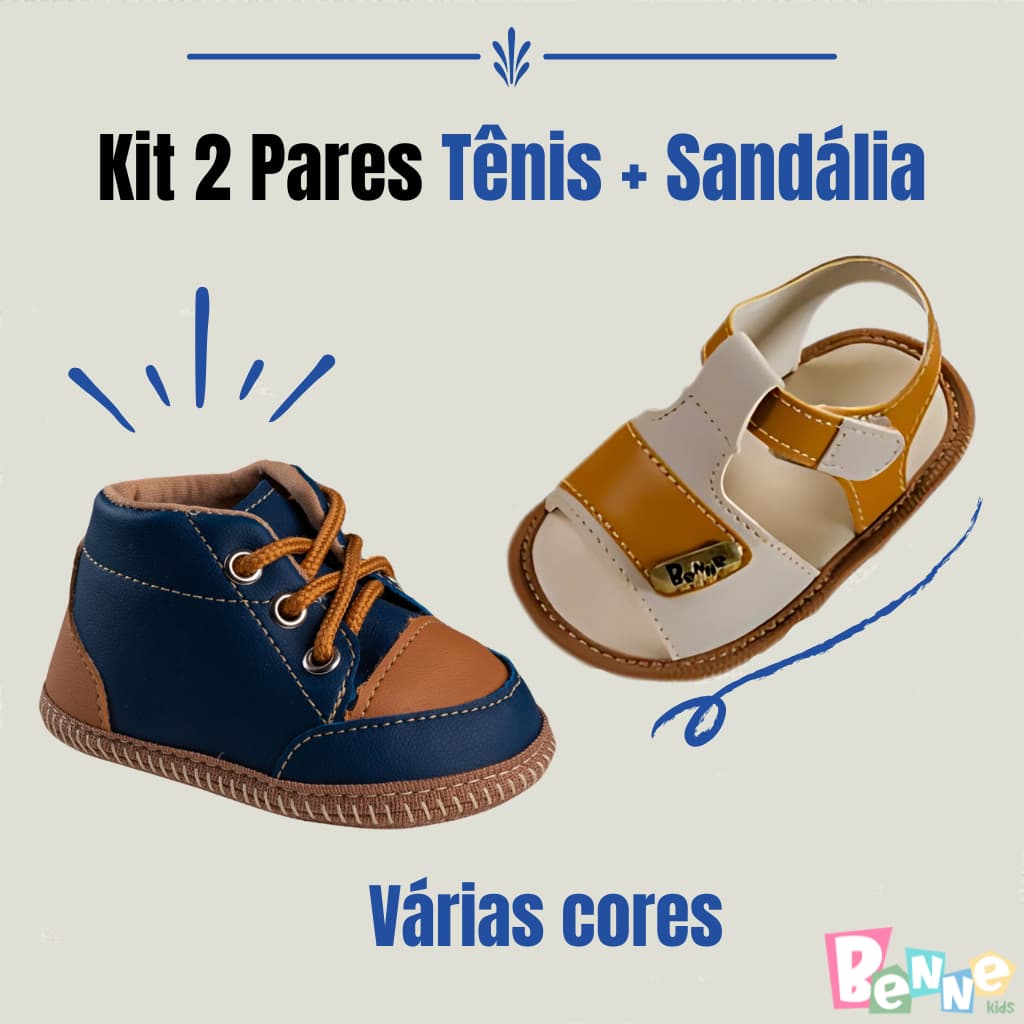 KIT 2 Pares Tênis Bebê Menino + Sandália Recém Nascido Neutra Casual Leve Confortável Várias Cores