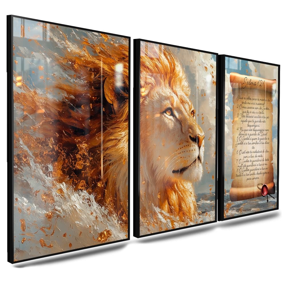 Kit Quadro Decorativo com 3 peças Leão de Judá aos Ventos Discipline Força Pergaminho Escrita Salmo 121