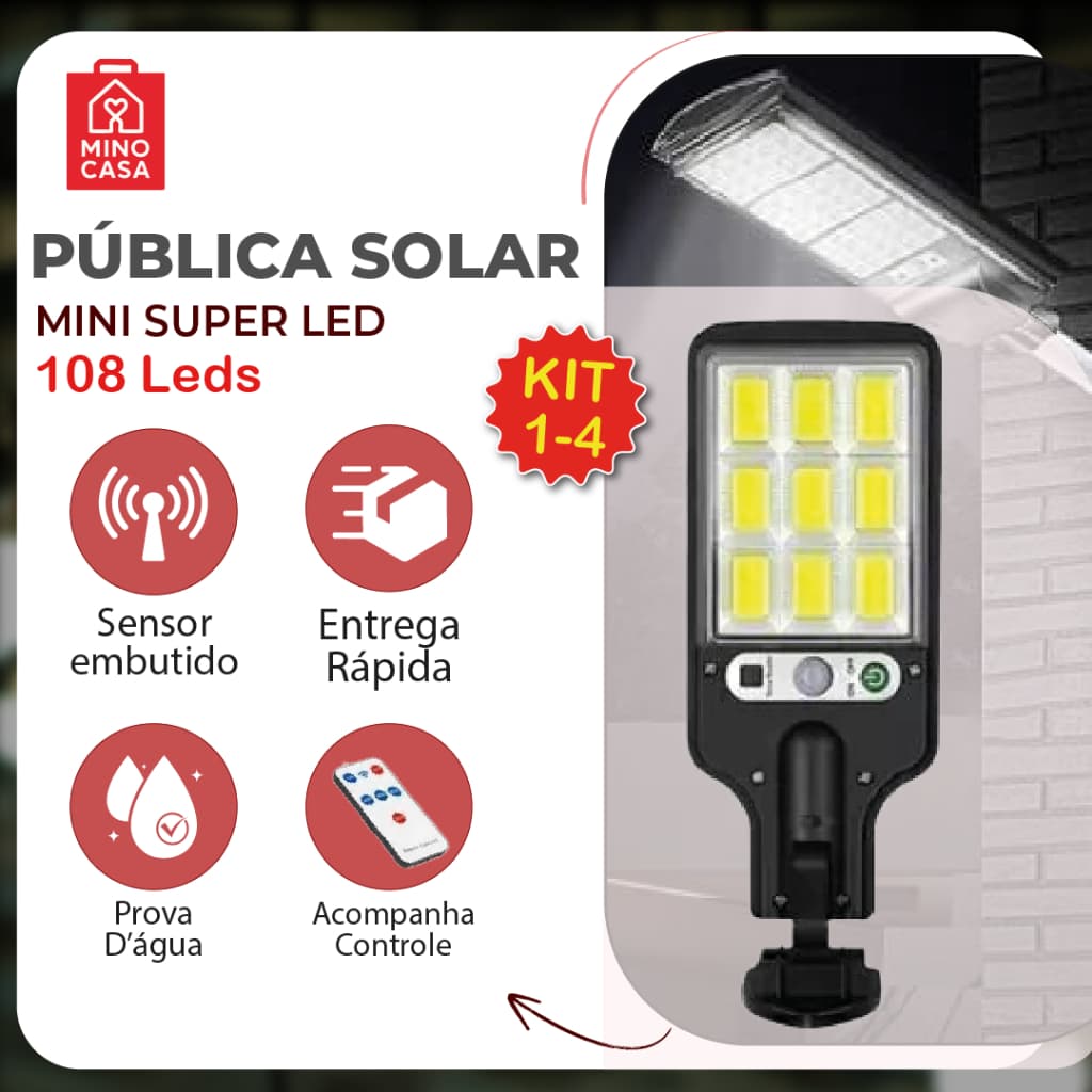 Luminária Pública Luz Solar Externo 108 LEDS Com Controle Remoto Refletor LED Transparente Sensor De Movimento Ajustável