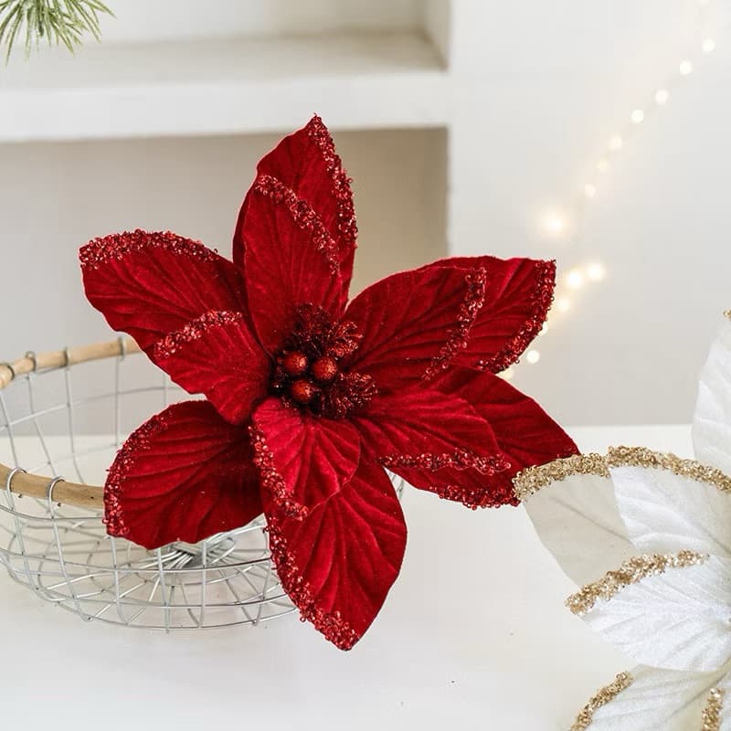Enfeite De Natal Galho Flor Vermelho Com Glitter 25CM Decoração Para Árvore