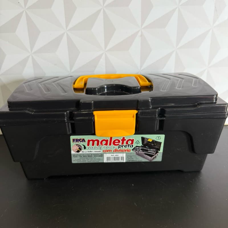 Maleta de ferramenta de plástico com bandeja divisórias para ferramentas preta com alça presente dia dos Pais caixa