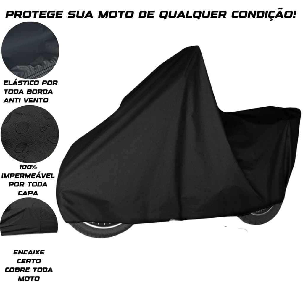 Capa Cobrir Moto Impermeável ANTI UV Bloqueia Chuva & Sol - Lona Preta Motocicleta