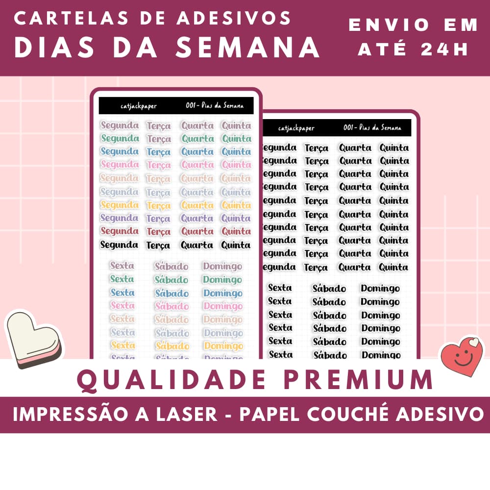Cartelas Adesivas Dias da Semana para planners, journal, diários, hobonichi, kinbor