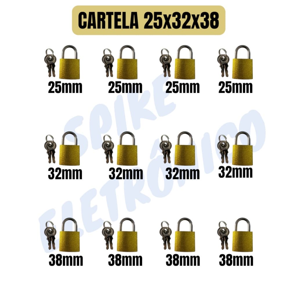 Cartela Kit Com 12 Unidades De Cadeados Reforçado 25x32x38mm (CARTELA+25x32x38)