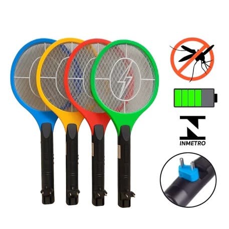 Raquete Elétrica Mata Mosquito Recarregável Bivolt 110v 220v com Tomada e Selo INMETRO KAPBOM