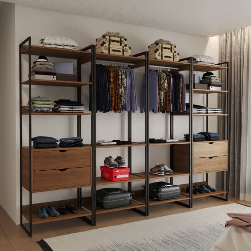 Guarda Roupa Aberto Industrial Closet Casal Completo 4 Módulos Cabideiro com Gavetas Base de Ferro