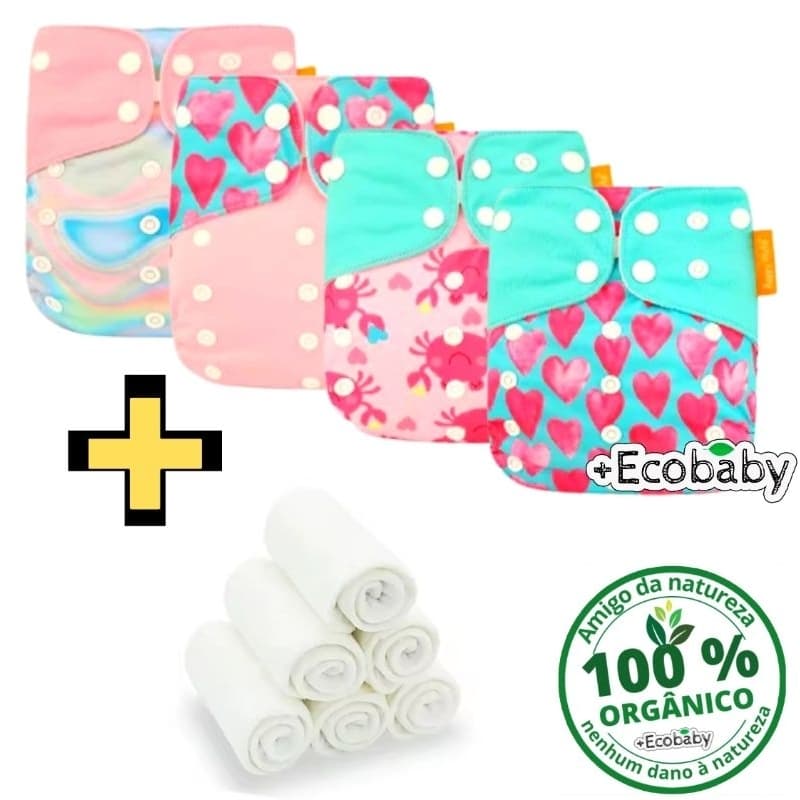 Fraldas Ecológicas Kit com 4 + Absorventes de pano reutilizáveis Kit com 4 HAPPY FLUTE.