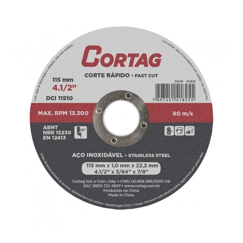 5 Discos de Corte  Rápido Ferro e Inox 4.1/2X1,0mm – Cortag
