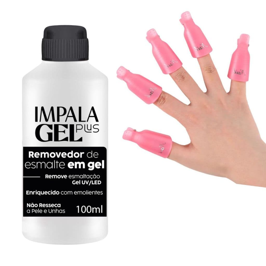 Kit Removedor Esmalte em Gel Impala Gel Plus 100ml + 10 Dedeiras para Unhas - Nail Designer Unha Gel