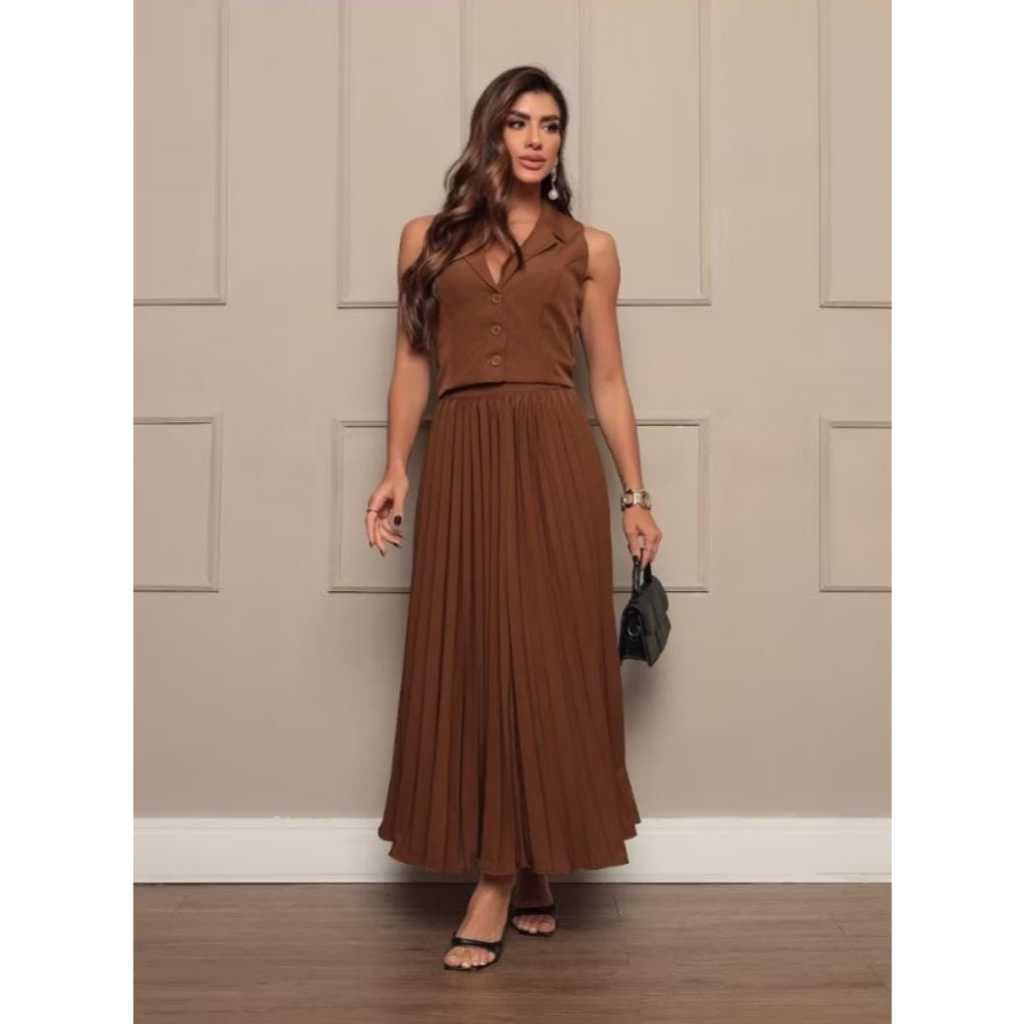 Conjunto feminino de Saia Plissada e colete elegante moderna