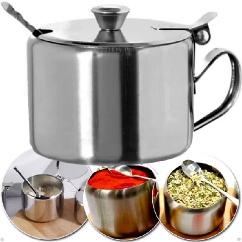 Açucareiro Aço Inox 220ml com Colher para Café e Cozinha Porta Açúcar Moderno para Mesa e Cozinha
