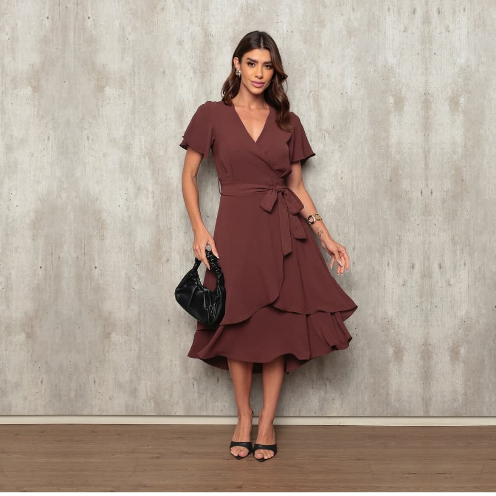 Vestido Midi Feminino Transpassado Boho Elegante Para Trabalho Festa Missa Evangélico