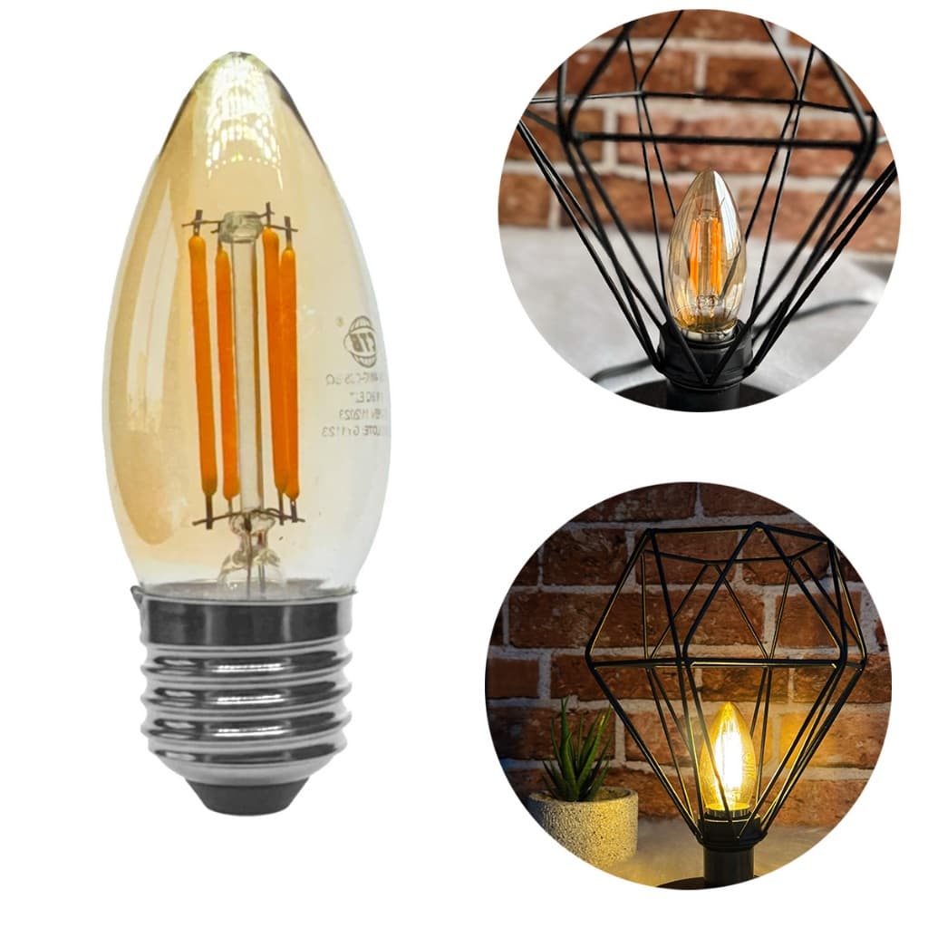Kit 4 Lâmpada Vela Filamento De Led Ambar Retro Lustre C35 2200K Luz amarela decorativo