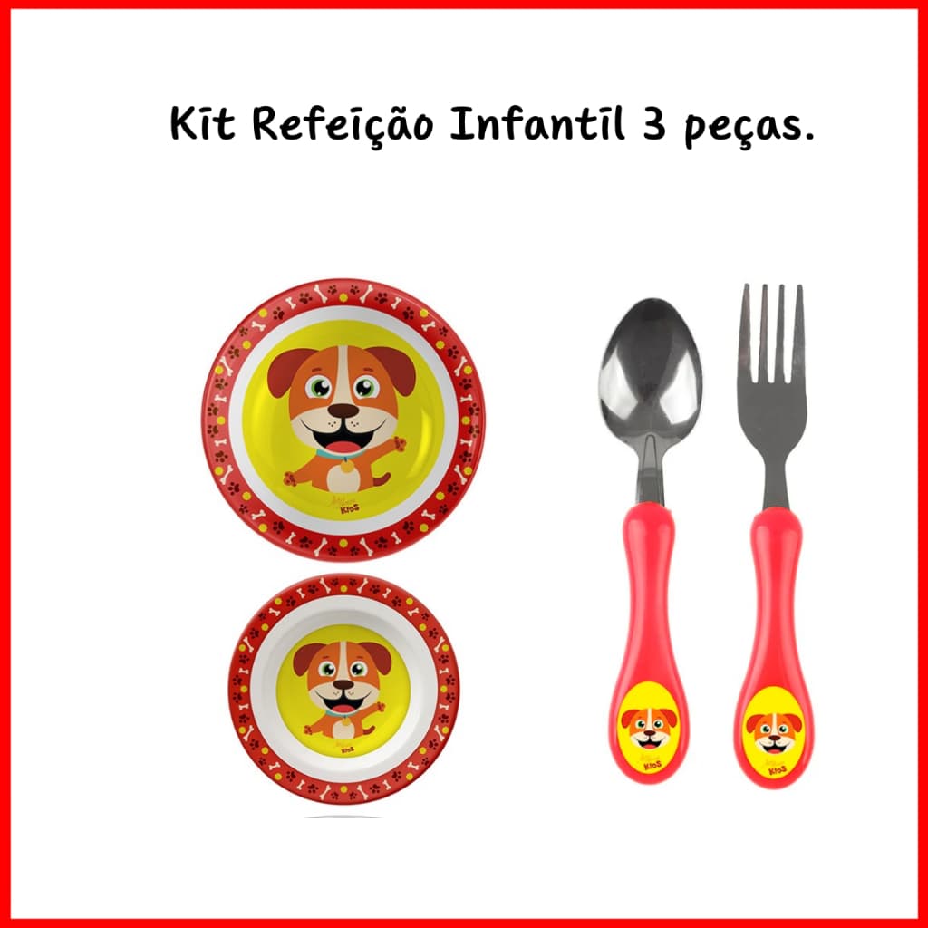 Kit Refeição Infantil 3 Peças – Prato Raso, Fundo e Talheres Inox para Bebê | Introdução Alimentar