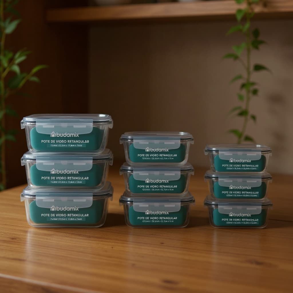 Kit 9 Potes Vidro Retangulares Herméticos Tampa Com 4 Travas Marmita Fit