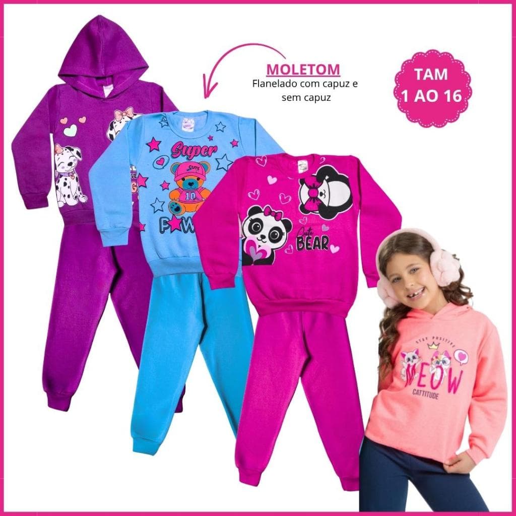 Kit 3 Conjunto de  Moletom Infantil Feminino Roupa Menina Inverno Frio Calça Forrada Casaco Peluciado 1 ao 16 anos