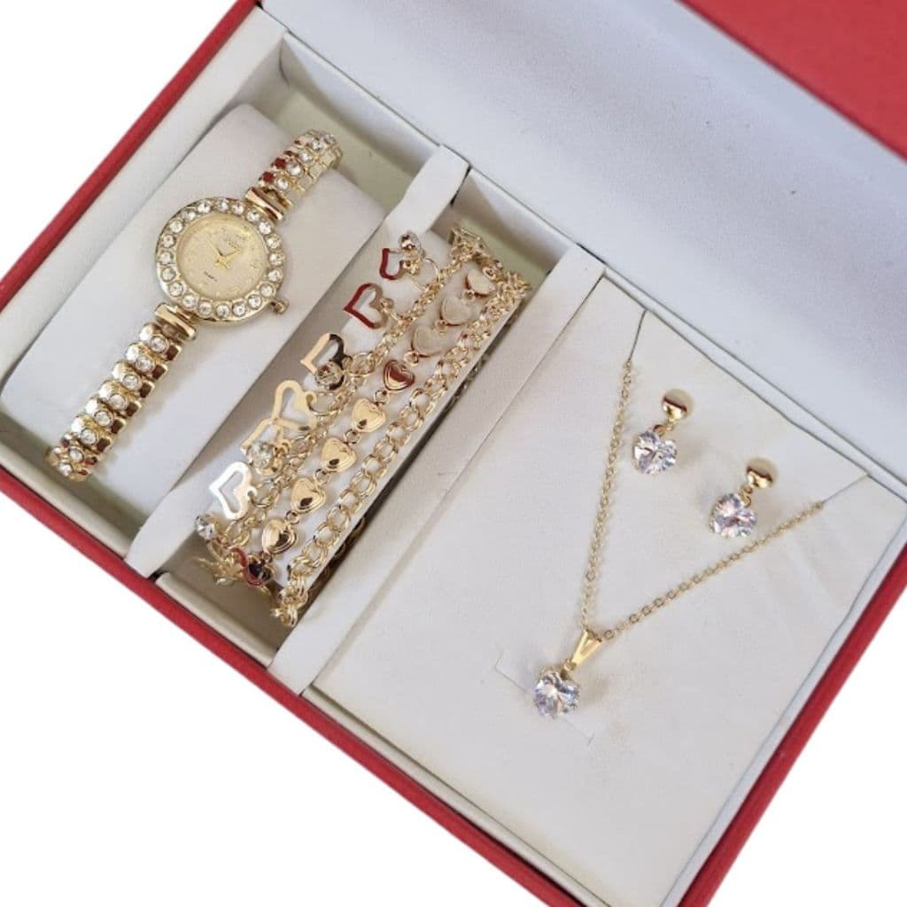 Relógio Feminino Fino Strass Luxo Quartzo + Colar Brincos Folheado Ouro + Pulseira Feminina com Caixa - Presente Mulher
