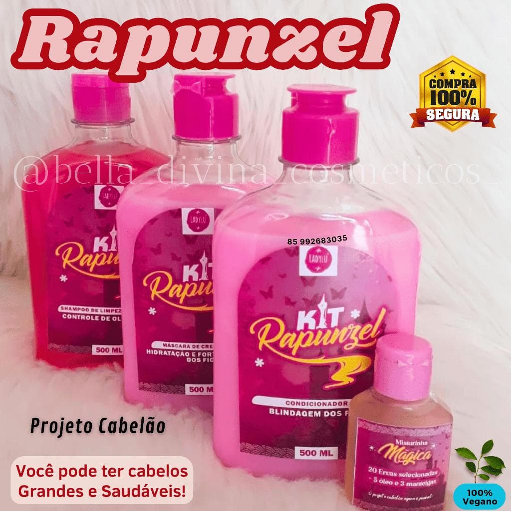 Kit Rapunzel Crescimento Rapido e Anti quebra Ativos Naturais Cresce Cabelo kit c/ 03 peças