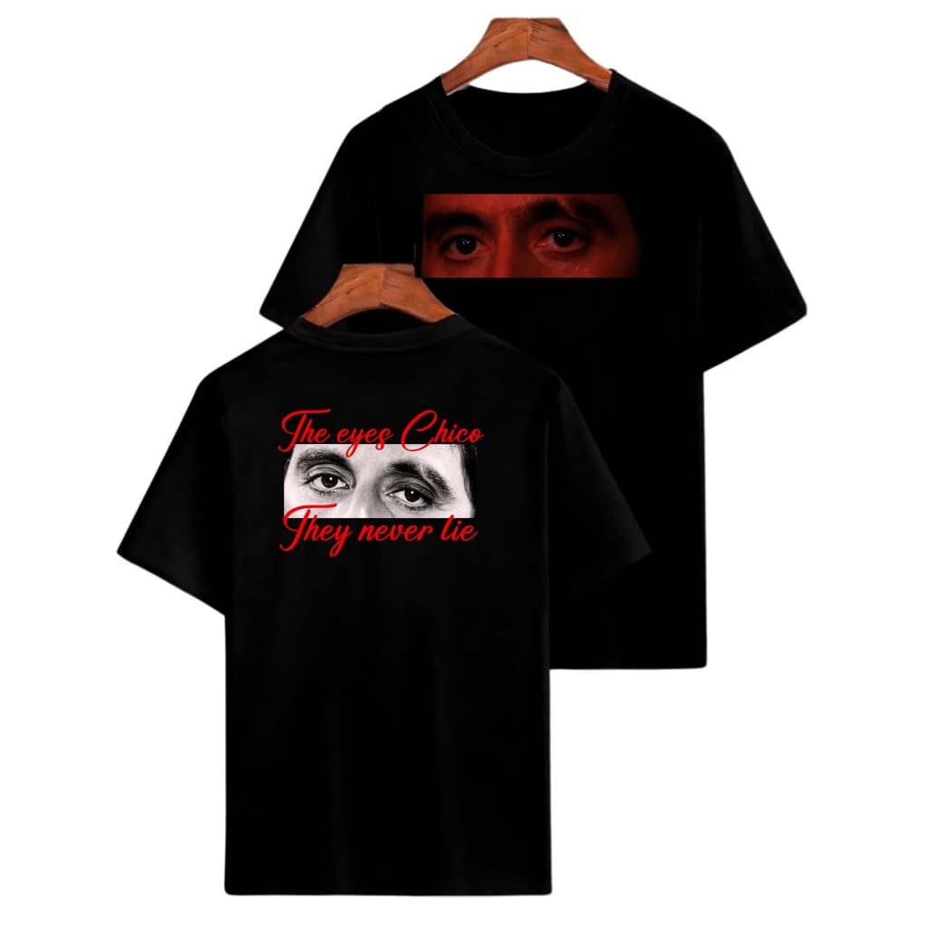 Camiseta 100% algodão preta estampa frente e verso Scarface Chico Lie