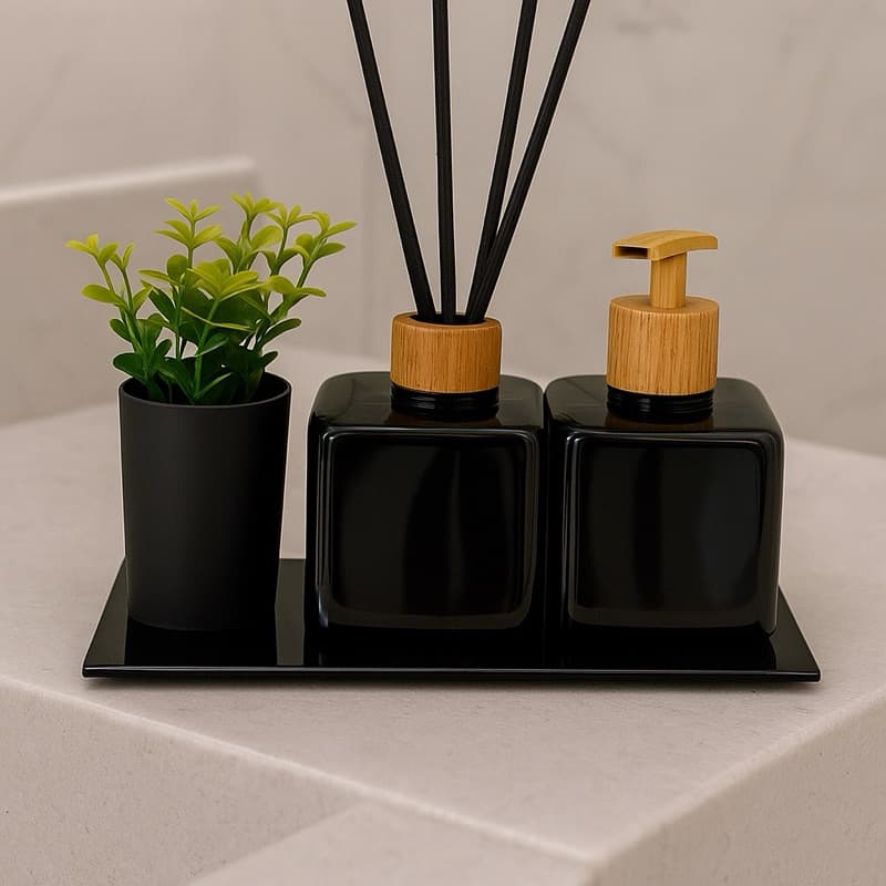 Kit Lavabo Pet Preto Brilhante Com Bandeja e Vasinho Luxo