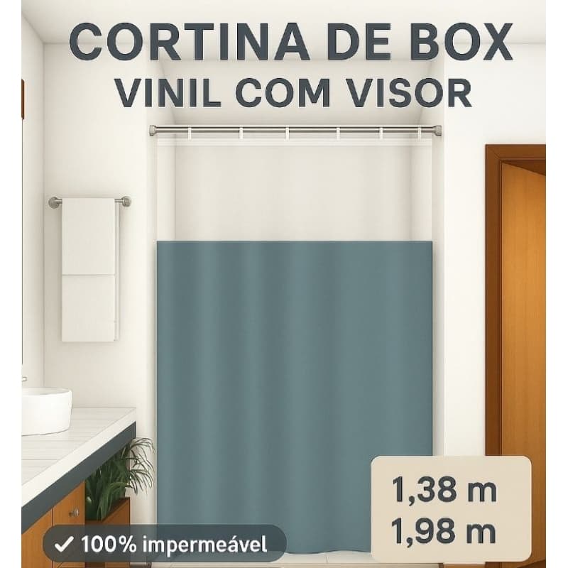 Cortina de Box em Vinil com Visor Transparente + Ganchos  Impermeável e Resistente