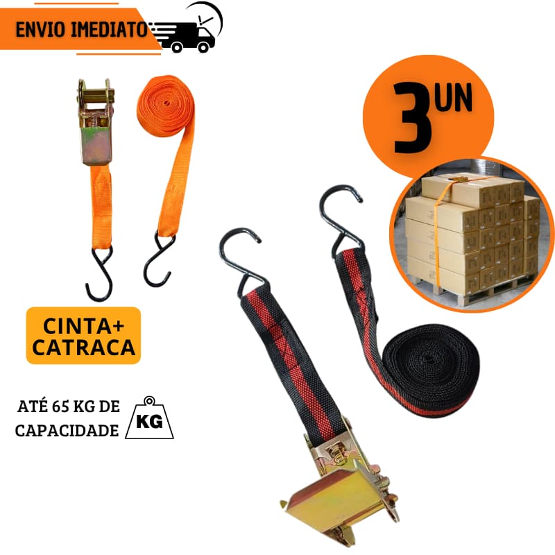 Jogo Cinta com Catraca 4,5M x 2,5cm para Amarração Fixação Carga até 65KG Tensionadora Logística