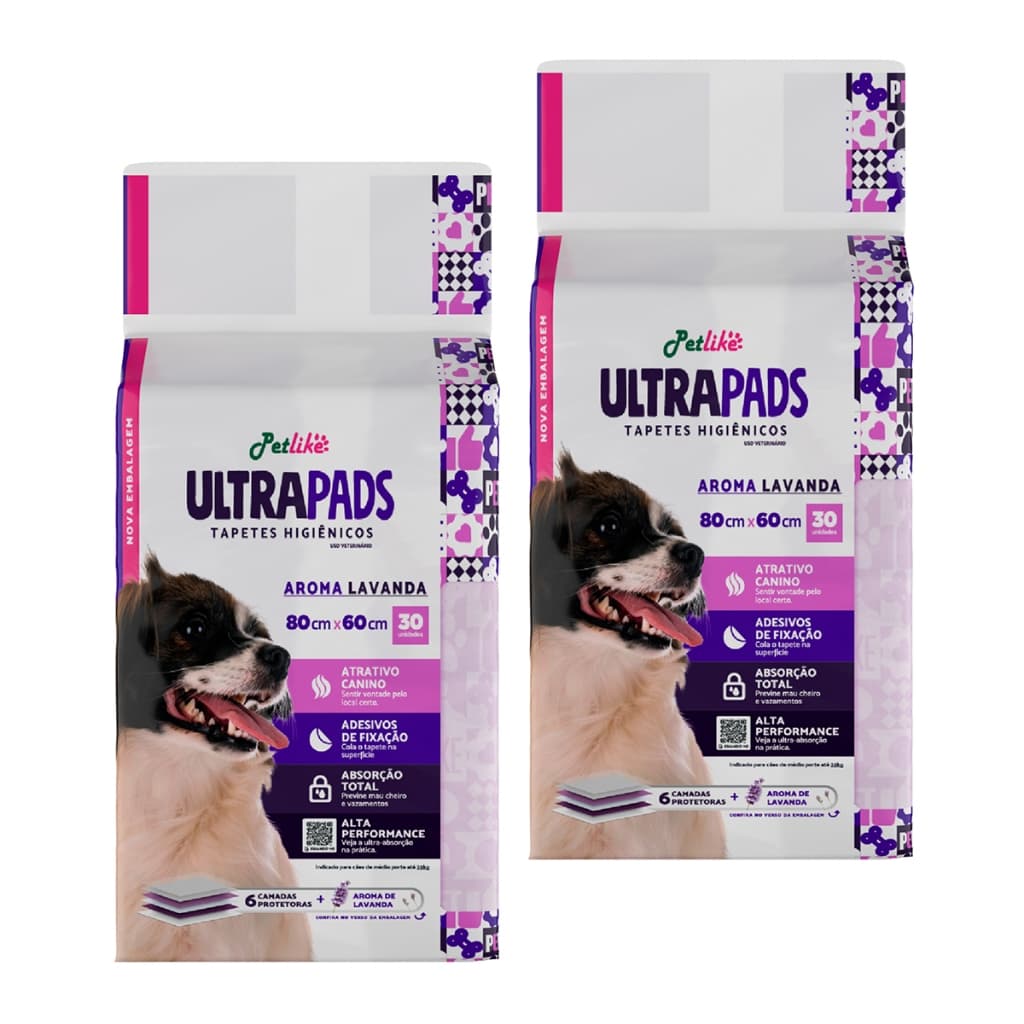 Tapete Higiênico Pet para Cães Lavanda Ultra Pads 80x60cm com 2 Pacotes de 30 un Total 60 un