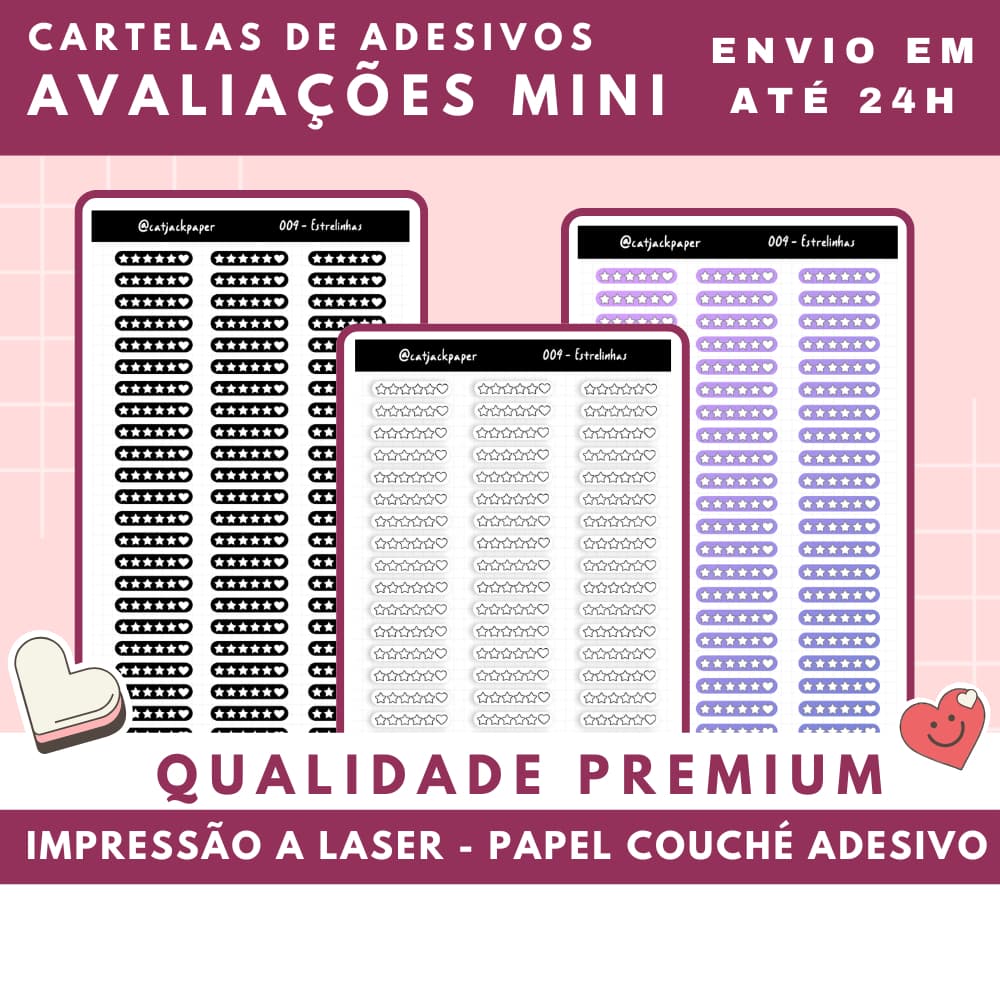 Cartelas Adesivas Estrelinhas de Avaliação com Coração - bullet Journal, book journal, cadernos, diários planner