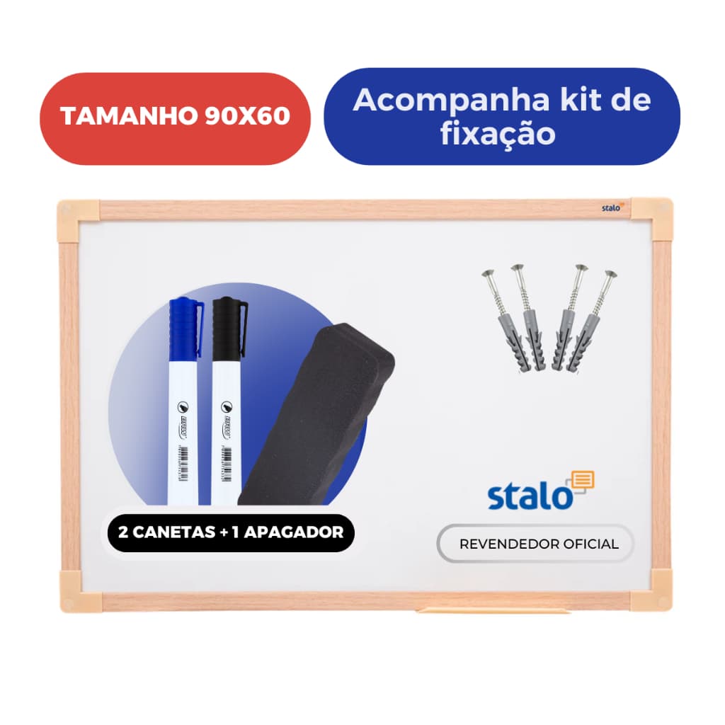 Quadro Lousa Branco 90x60cm Uv Soft MDF Carvalho + 2 Canetas + 1 Apagador