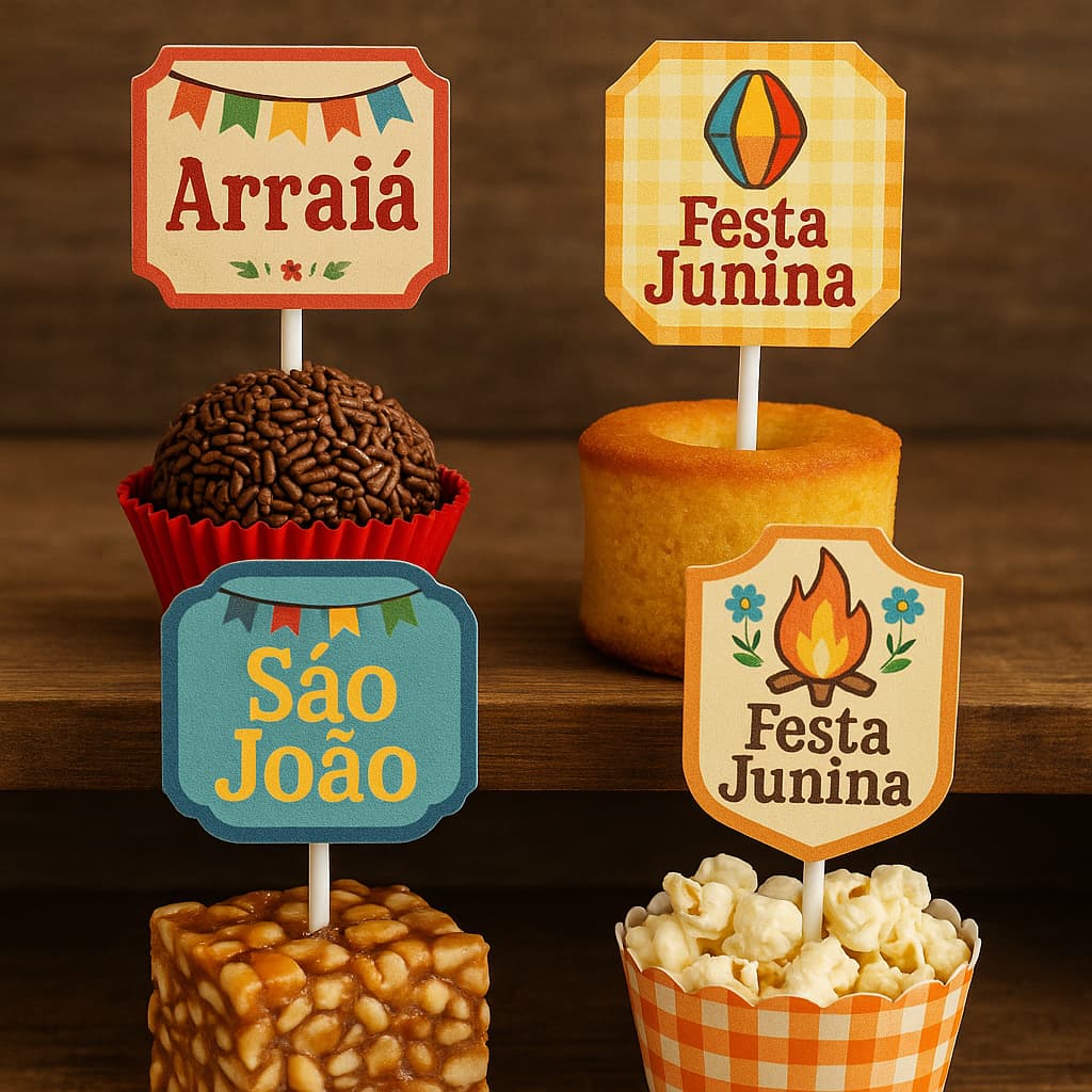 Kit Toppers Festa Junina – Tags no Palito para Bolo, Doces e Mesa Temática - Arraial e São João