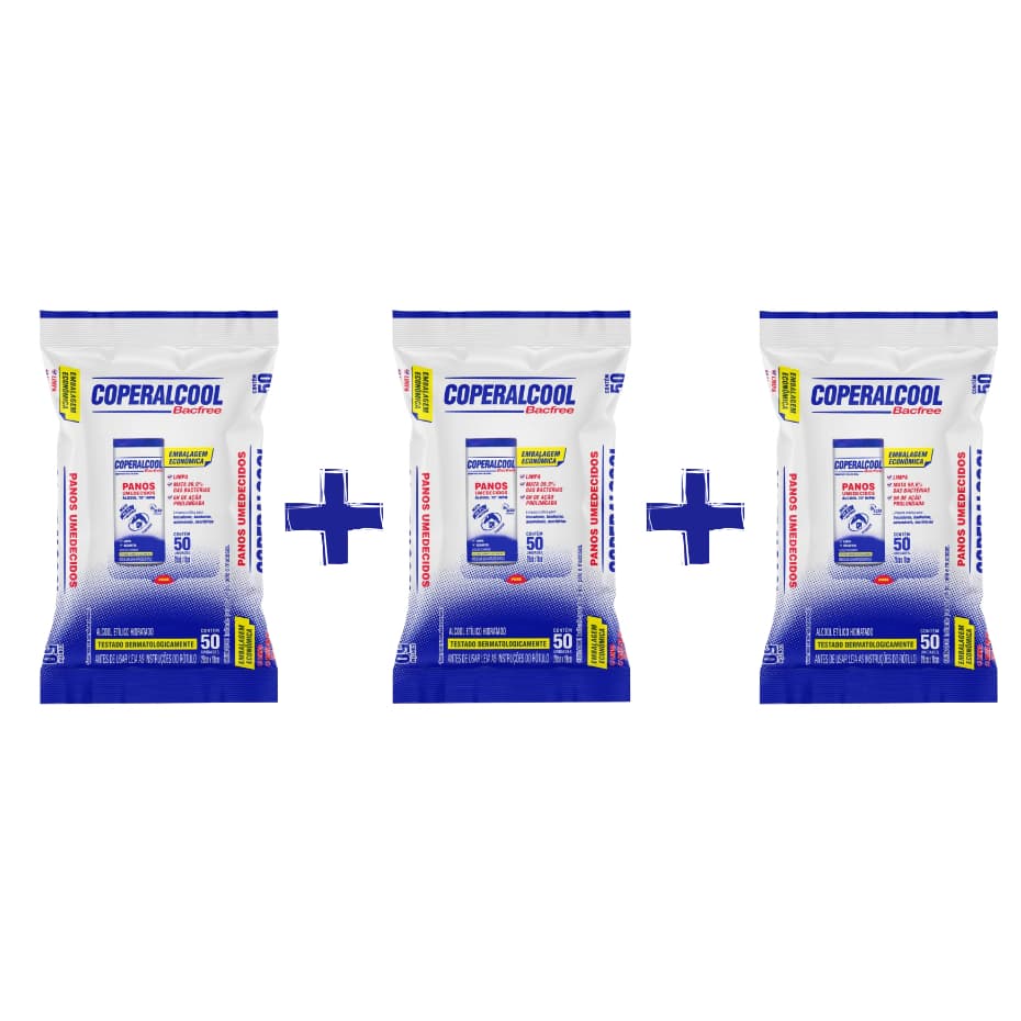 Kit 3 Lenços Umedecidos Coperalcool Bacfree 50un 70°