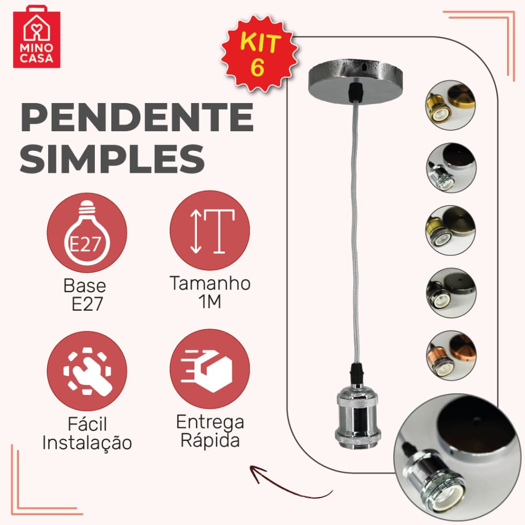Kit 6 Pendente Antigo Vintage Rustico Decorativo E27 LED A1 VERDE | PRETO | VERMELHO | DOURADO | PRATA