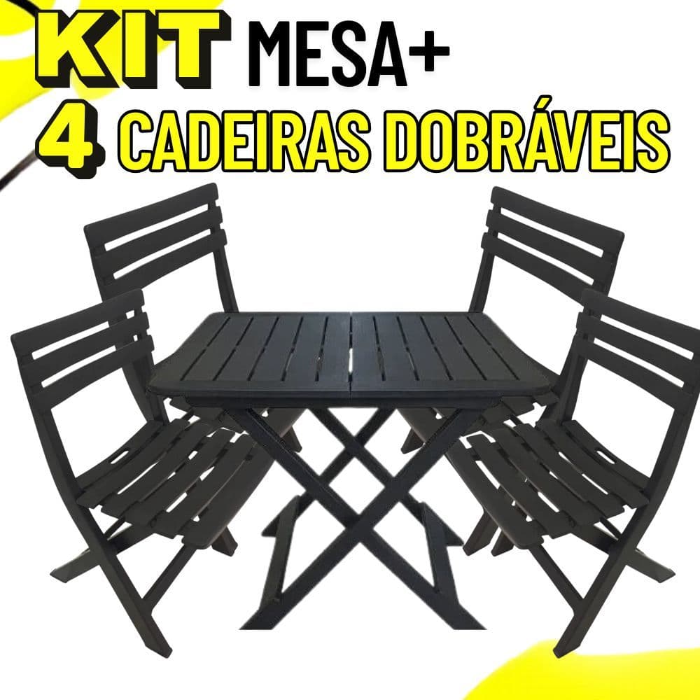 Kit Mesa Quadrada + 4 Cadeiras De Plástico Dobrável Multiuso Casa Área Gourmet