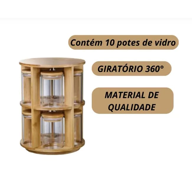 Organizador de Bambu Giratório Com 10 Potes de Vidro