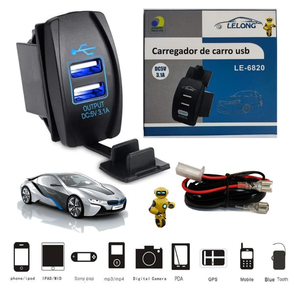 Tomada Carregador Usb Veicular Carro 2 Saídas 1.0a E 2.1a