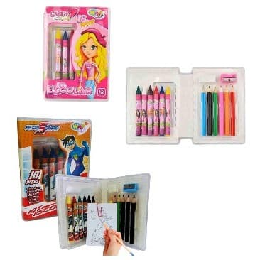 Kit Estojo Infantil Maleta De Pintura Escolar 18 Peças Com Lápis de Cor Giz de Cera Desenhos de Colorir Borracha