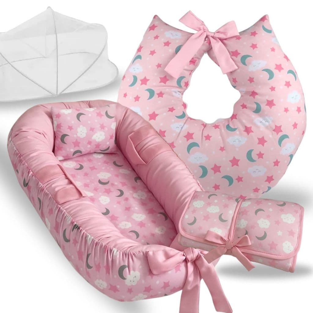 Ninho Redutor Berço Almofada Amamentação Trocador Mosquiteiro Kit 4 Peças Enxoval Bebe Céu Rosa