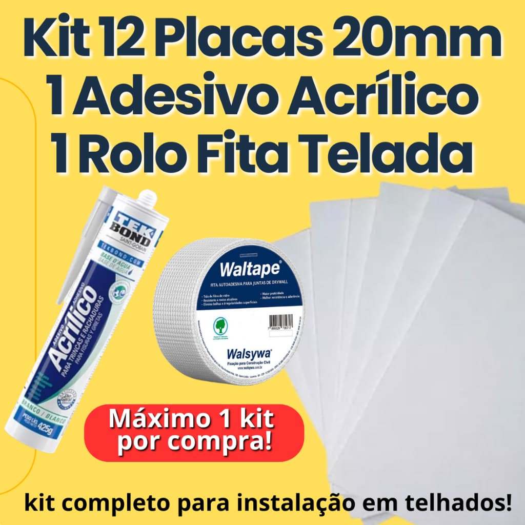 KIT 12 PLACAS FORRO EPS 20MM + 1 TUBO COLA ACRÍLICA TEKBOND + 1 ROLO DE FITA TELADA ADESIVA