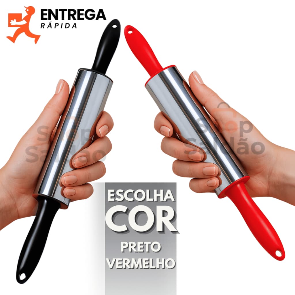 Rolo de Massa e Macarrão Cilindro Inox com Cabo Plástico