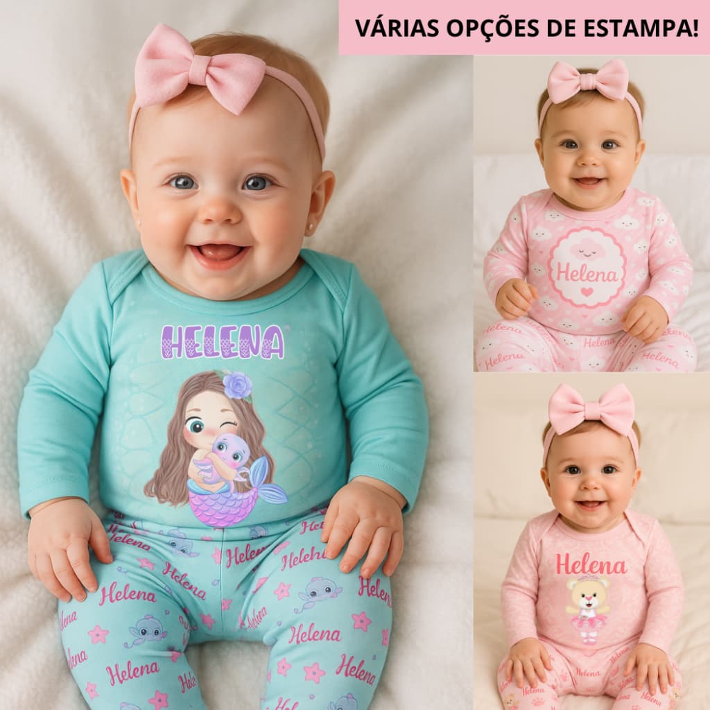 Conjunto térmico bebê personalizado com nome várias estampas menina body mais calça