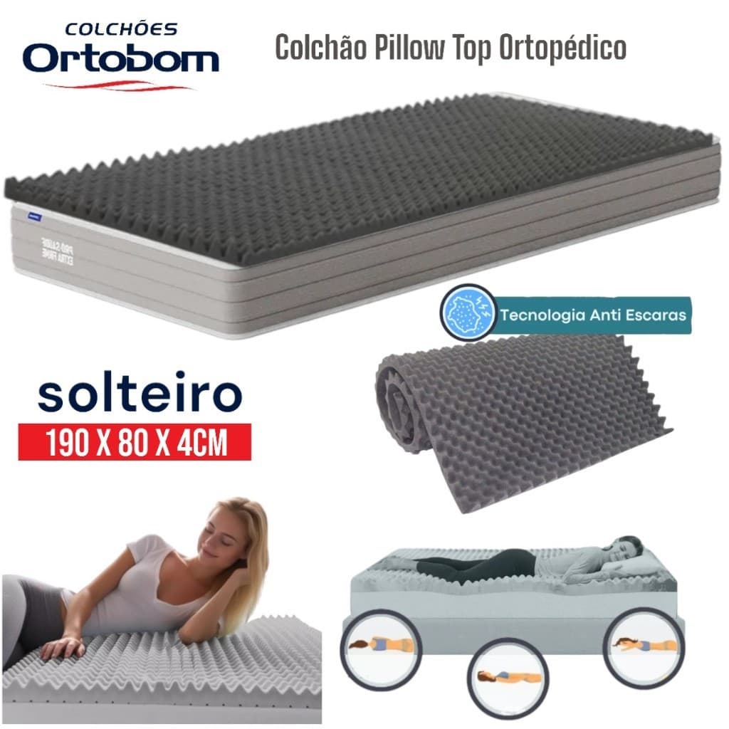 Colchão Pillow Top Ortobom Solteiro Casca de ovo Espuma Ortopédico Anti Escara colchonete 190x80x4CM