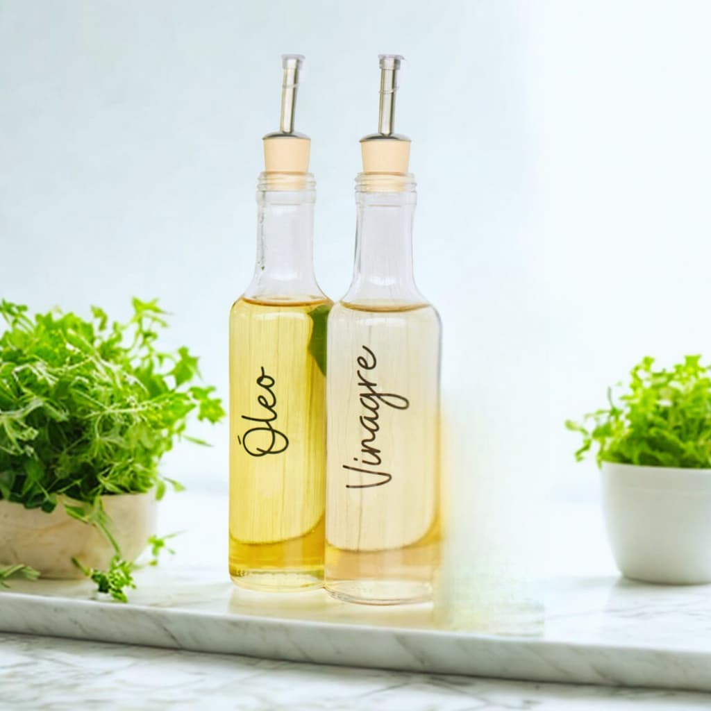 Kit 2 Galheteiros de Vidro com Adesivos Óleo Azeite Vinagre Bico Dosador
