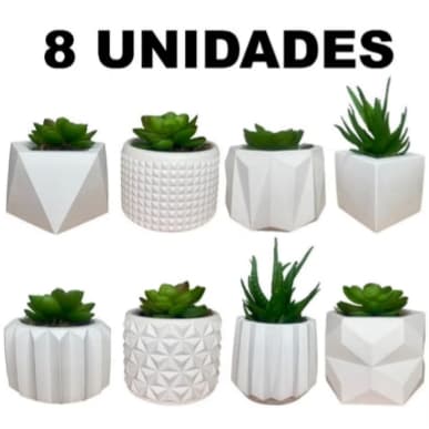 KIT 8 UNIDADES DE VASINHO DECORATIVO DE GESSO, CACTUS E PLANTAS ARTIFICIAS.