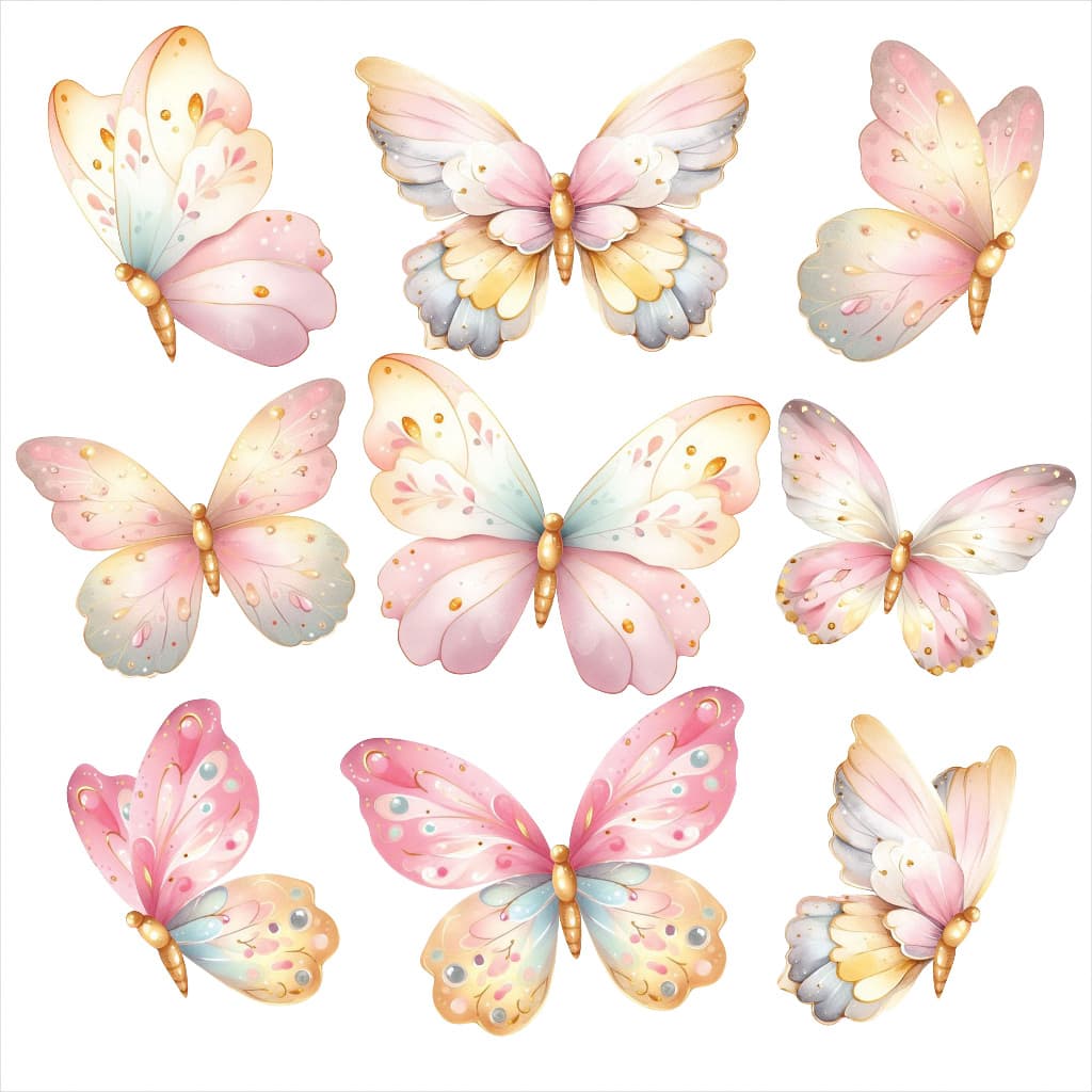 Cartela 63 Adesivos De Parede Borboletas Aquarela Rosé Quarto Infantil, Decoração, carro, festa, moto, capacete