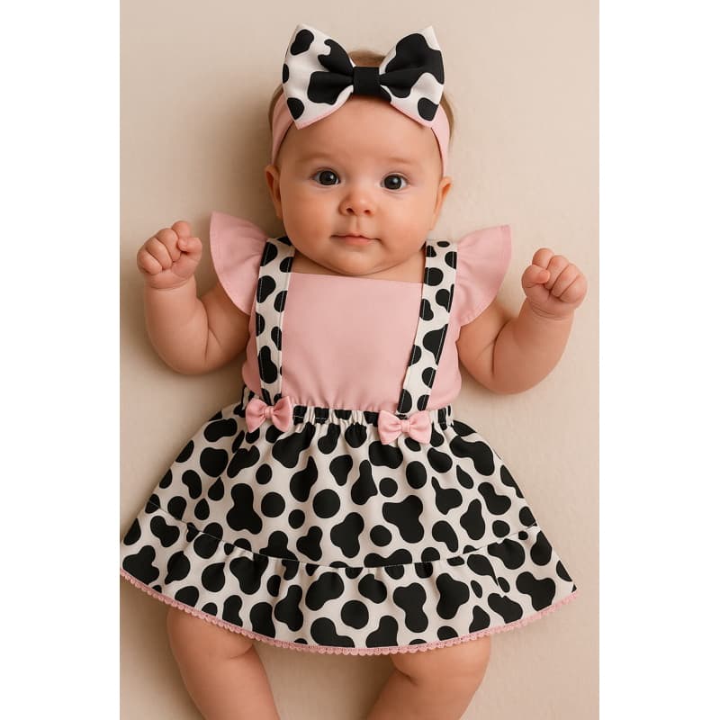 Romper Jardineira Vestido Bebê Menina Fantasia Vaquinha Temática Fazendinha Mesversário Meu Tetê c/Laço Book fotográfico