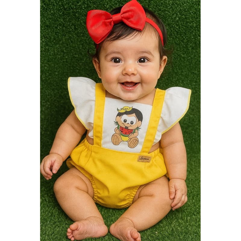 Romper Jardineira Bebê Menina Fantasia Magali amarelo Temático personagem turma da Mônica Mesversário melancia  com Laço