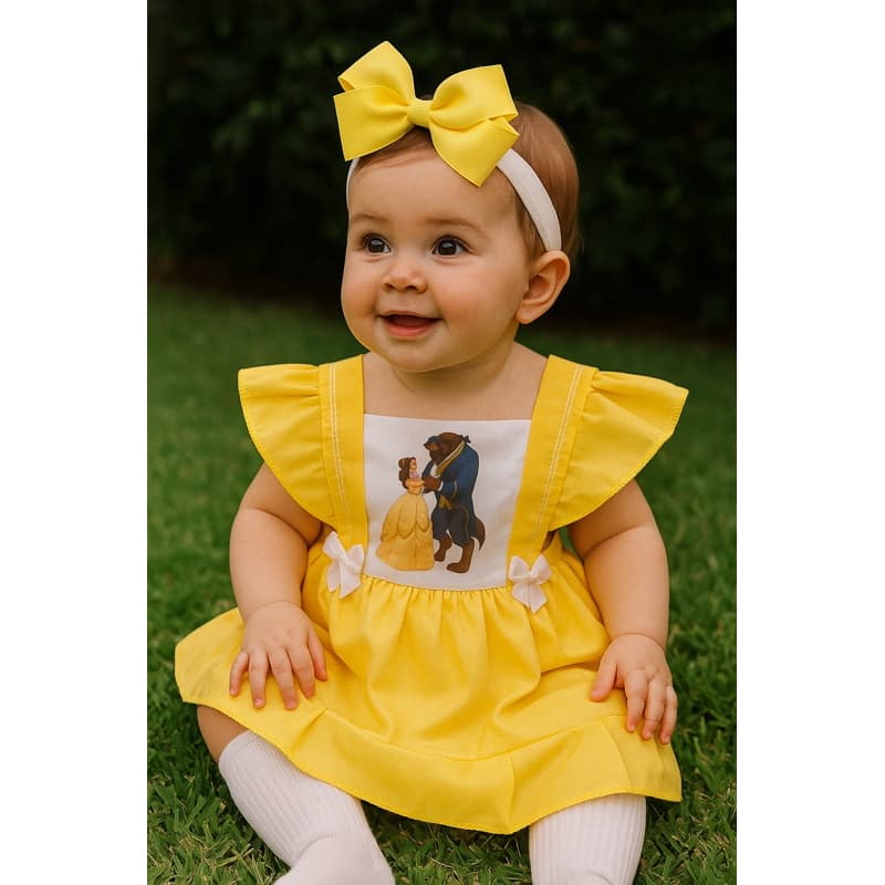 Romper Fantasia Bela e a Fera vestido Princesa Disney Bebê c/ Laço Temático Mesversário Blogueira Festa book fotográfico
