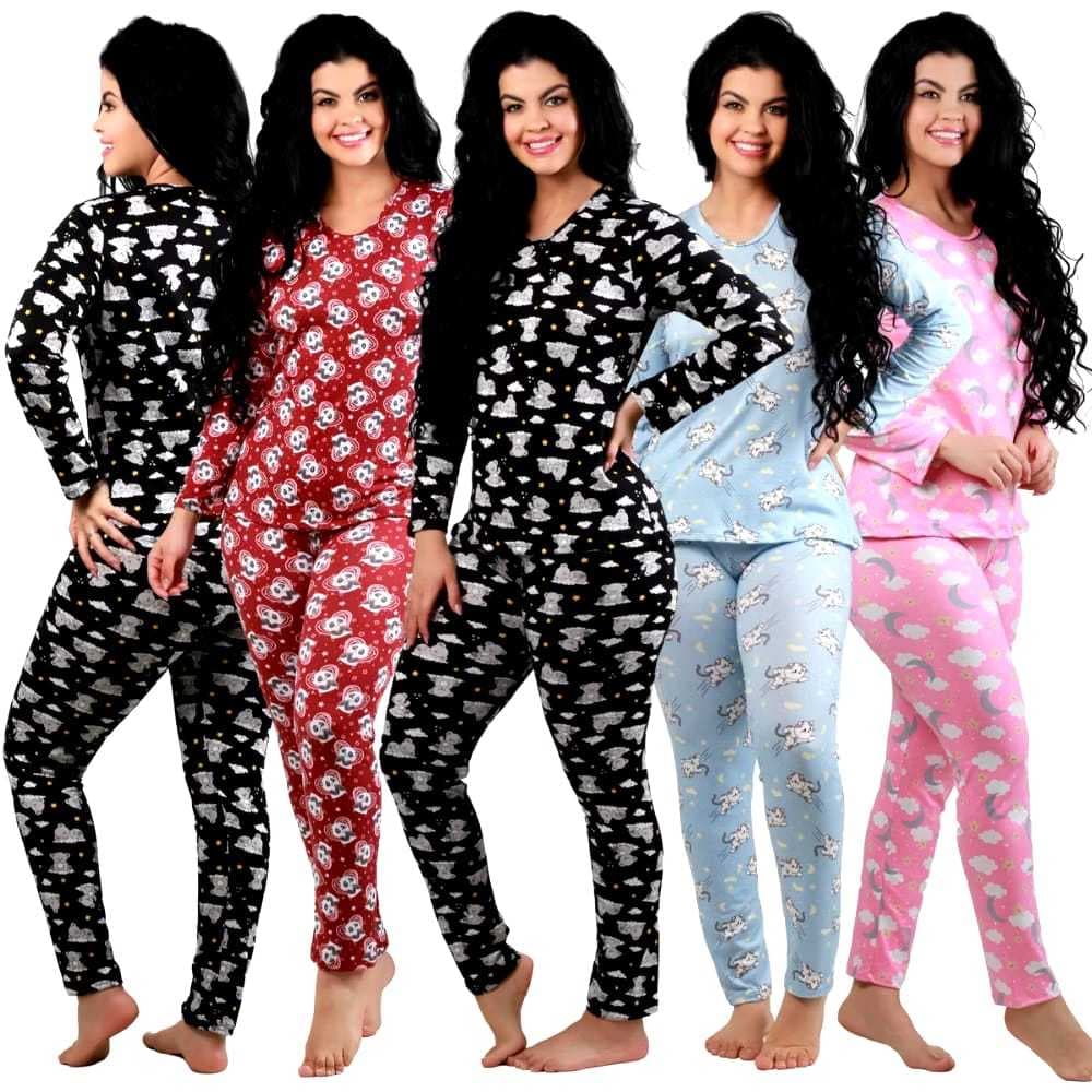 Kit 5 Pijamas  Feminino Longo Estampado Sem Botão Manga Longa Confortável SUEDE CALÇA COMPRIDA